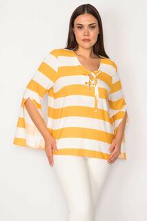 Женская блузка большого размера в полоску с желтым воротником и люверсами, с кружевными детальными рукавами и разрезом Şans, желтый
