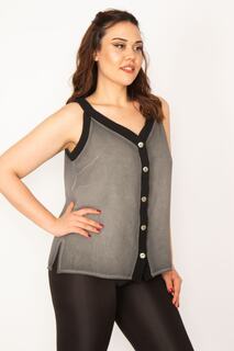 Женская блузка большого размера с металлической пуговицей и детальной окантовкой, 65n33347, грязная стирка, копченый цвет Şans, серый