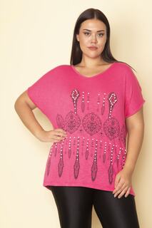Женская блузка большого размера с глубокими рукавами цвета фуксии, жемчугом и принтом, 65n28444 Şans, розовый