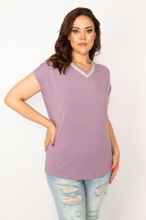 Женская блузка большого размера из вискозы с сиреневым воротником 65n33546 Şans, фиолетовый