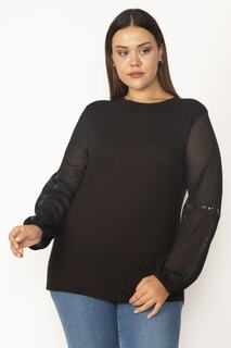 Женская блузка большого размера из шифона и кружева с черными рукавами 65n32112 Şans, черный