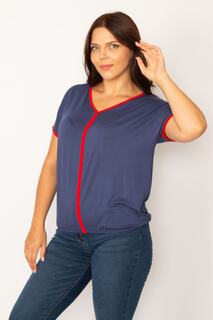 Женская блузка большого размера с V-образным вырезом и окантовкой цвета индиго 65n34183 Şans, темно-синий