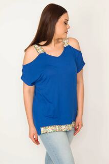 Женская блузка большого размера с глубоким вырезом на плечах, бретельками и подолом с кружевной отделкой с пайетками Şans, темно-синий