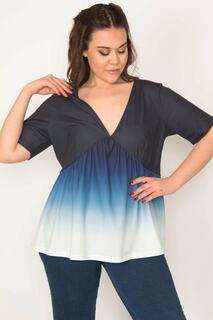 Женская блузка больших размеров с ярким батиковым узором и v-образным вырезом Şans, синий