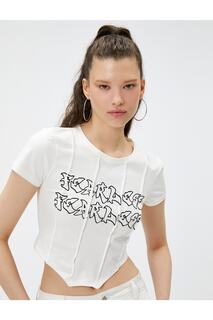 Укороченная футболка с надписью «Корсет с принтом» и детальным круглым вырезом Koton, экрю