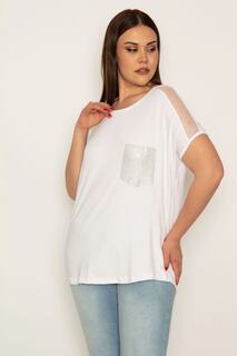 Женская блузка большого размера из тюля с костяными плечами и карманами Пето с камнями и вискозной отделкой Şans, экрю