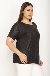 Женская блузка большого размера из черной флоковой ткани с короткими рукавами и рисунком, Şans, черный