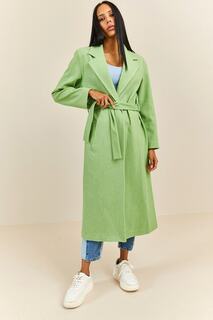 Женское зеленое двубортное пальто с воротником и поясом XHAN, зеленый