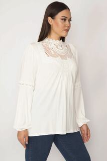 Женская блузка большого размера из костяного кружева и тюля, 65n29817 Şans, экрю