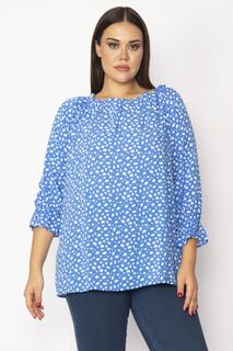 Женская блузка большого размера из эластичной вискозной ткани с синим воротником и манжетами, 65n29314 Şans, синий