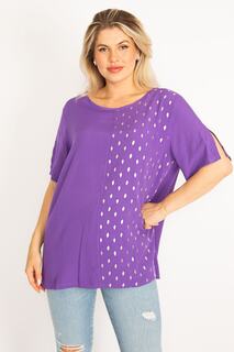 Женская блузка большого размера сиреневого цвета из вискозной ткани с лаковым принтом 65n34518 Şans, фиолетовый