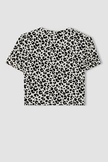 Укороченная футболка узкого кроя с круглым вырезом и леопардовым рисунком с короткими рукавами DeFacto, черный
