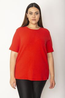 Женская блузка в полоску большого размера гранатового цвета с круглым вырезом 65n35399 Şans, розовый