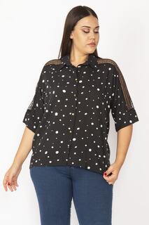 Женская блузка большого размера с черными рукавами и кружевными деталями на металлических пуговицах 65n28991 Şans, черный