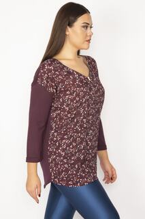 Женская блузка большого размера сливового цвета с узором на молнии спереди и рукавами капри 65n34386 Şans, фиолетовый
