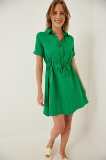 Женское зеленое льняное платье с рубашечным воротником Happiness İstanbul, зеленый