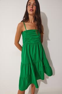 Женское зеленое летнее поплиновое платье с воланами на бретельках Happiness İstanbul, зеленый