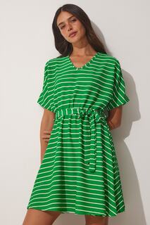Женское зеленое летнее повседневное трикотажное платье с вырезами Happiness İstanbul, зеленый