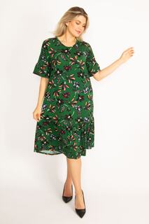 Женское зеленое платье большого размера с воланными рукавами и многоуровневым подолом 65n34449 Şans, зеленый