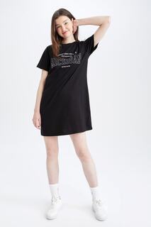 Миниатюрная футболка узкого кроя с принтом слогана Платье из 100% хлопка DeFacto, черный