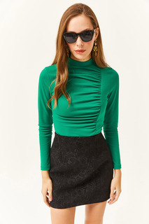 Женская блузка из лайкры травяного цвета с высоким воротником и сборками Olalook, зеленый