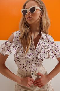 Женская блузка из сливового поплина в стиле пэчворк с рюшами ALC-X6752 Trend Alaçatı Stili, экрю