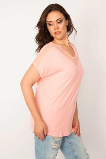 Женская блузка из тюля большого размера с лососевым воротником и рукавами 65n24578 Şans, розовый