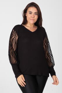 Женская блузка из тюля большого размера с черными рукавами, 65n12468 Şans, черный