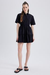 Мини-платье из 100% хлопка из поплина с короткими рукавами и воротником-рубашкой DeFacto, черный