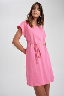 Мини-платье А-силуэта с круглым вырезом и короткими рукавами из 100% хлопка DeFacto, розовый