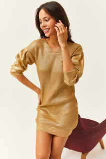 Женское золотое трикотажное платье с V-образным вырезом металлик Olalook, золотой