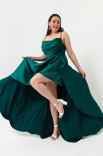 Женское изумрудно-зеленое атласное вечернее платье с разрезом и разрезом большого размера, выпускное платье Lafaba, зеленый