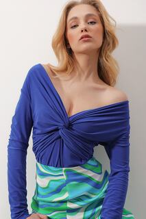 Женская блузка песочного цвета с глубоким V-образным вырезом и драпировкой Saks ALC-X9774 Trend Alaçatı Stili, темно-синий