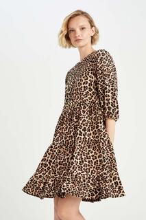 Мини-платье из жатого хлопка с круглым вырезом и леопардовым узором DeFacto, коричневый