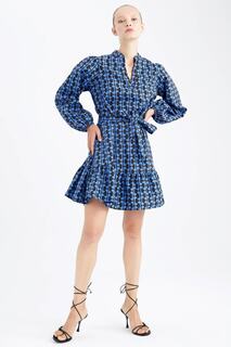 Мини-платье из поплина с длинными рукавами и V-образным вырезом в стиле ретро DeFacto, синий