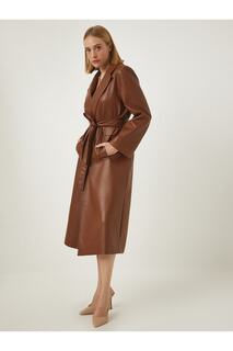 Женское коричневое длинное пальто премиум-класса из искусственной кожи с поясом Happiness İstanbul, коричневый