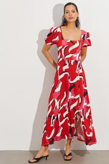 Женское коралловое платье миди с квадратным вырезом и разрезом BK1647 Cool &amp; Sexy, красный