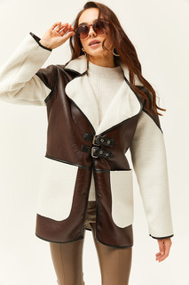 Женское коричневое пальто из искусственной кожи с плюшевой отделкой Olalook, коричневый
