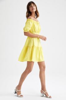 Мини-платье с короткими рукавами и открытыми плечами DeFacto, желтый