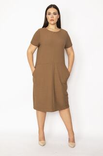 Женское коричневое платье с карманами в полоску большого размера 65n29922 Şans, бежевый