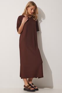 Женское коричневое свободное длинное повседневное летнее трикотажное платье Happiness İstanbul, коричневый