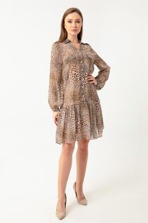Женское коричневое серебристое шифоновое платье-миди с леопардовым узором и оборками по подолу Lafaba, коричневый