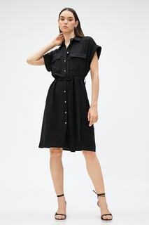 Женское короткое платье-рубашка с короткими рукавами и поясом Koton, черный