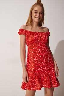 Женское красное летнее платье из вискозы со сборками с цветочным принтом Happiness İstanbul, красный