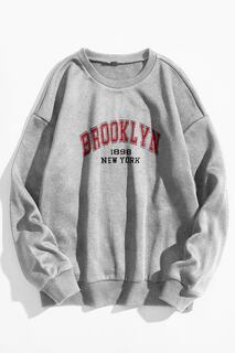Унисекс Серый Oversize-красный свитшот с принтом Brooklyn MODAGEN
