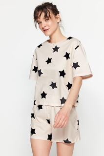 Светло-розовый вязаный пижамный комплект из 100 % хлопка со звездами и футболкой с принтом Trendyol