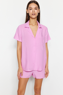 Светло-розовый пижамный комплект из вискозной рубашки и шорт Trendyol