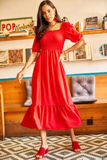 Женское красное платье Bodrum с блестящим квадратным воротником Olalook, красный