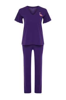 Фиолетовый хлопковый трикотажный пижамный комплект с рукавами и воланом с принтом фламинго и детальной футболкой Trendyol