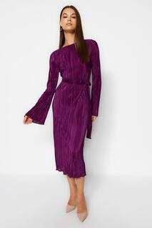 Фиолетовое трикотажное платье миди трапециевидной формы премиум-класса со складками и расклешенными рукавами Trendyol, фиолетовый